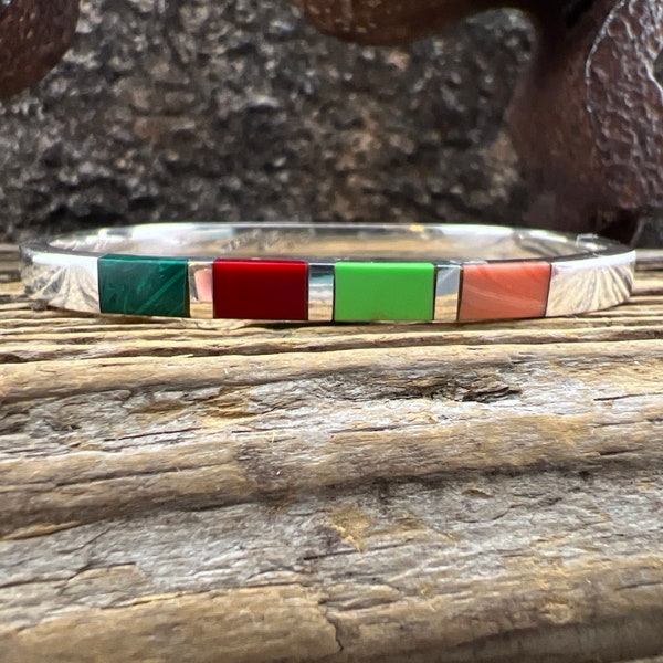 Vintage Estate Southwestern Multi Stone 925 Sterling Silver Hinged Bangle Bracelet, Malachite, Coral, Gaspeite, Pink Apricot Agate