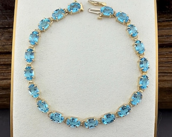 10k Blue Topaz Yellow Gold Tennis Bracelet - 7.25 inches - 22 ctw - Vintage Estate
