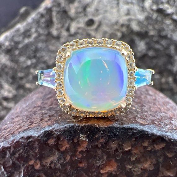 Vintage Estate 10k Opal with White Topaz Halo and… - image 1