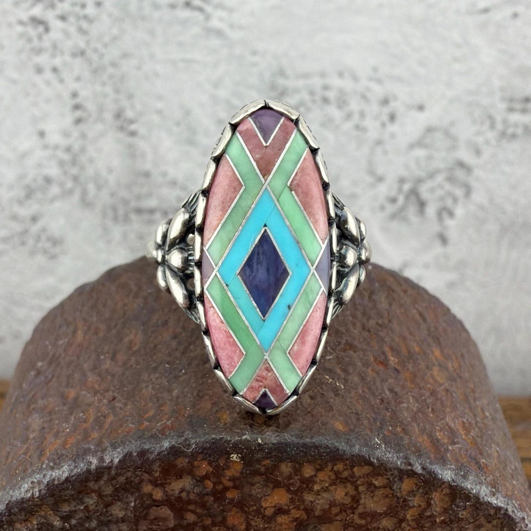 Relios Silver Rings Carolyn Pollack Relios Inlay Sterling Silver Ring - Vintage Estate - US ...