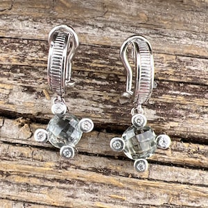 Vintage Estate Judith Ripka Prasiolite (Green Amethyst) and Cubic Zirconia 925 Sterling Silver Earrings
