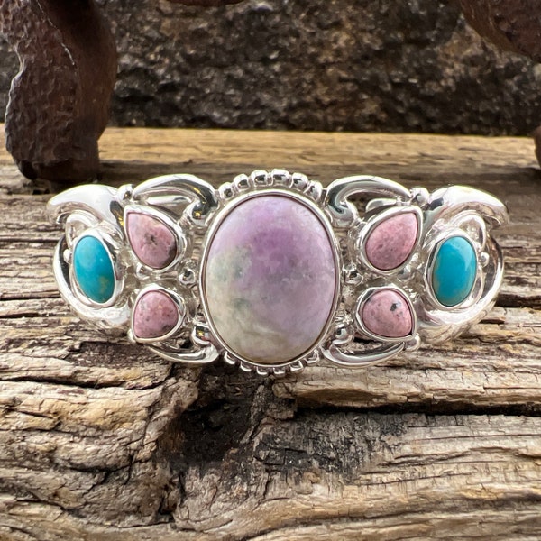 Vintage Estate Carolyn Pollack Relios Rhodonite and Turquoise Cabochon 925 Sterling Silver Cuff Bracelet