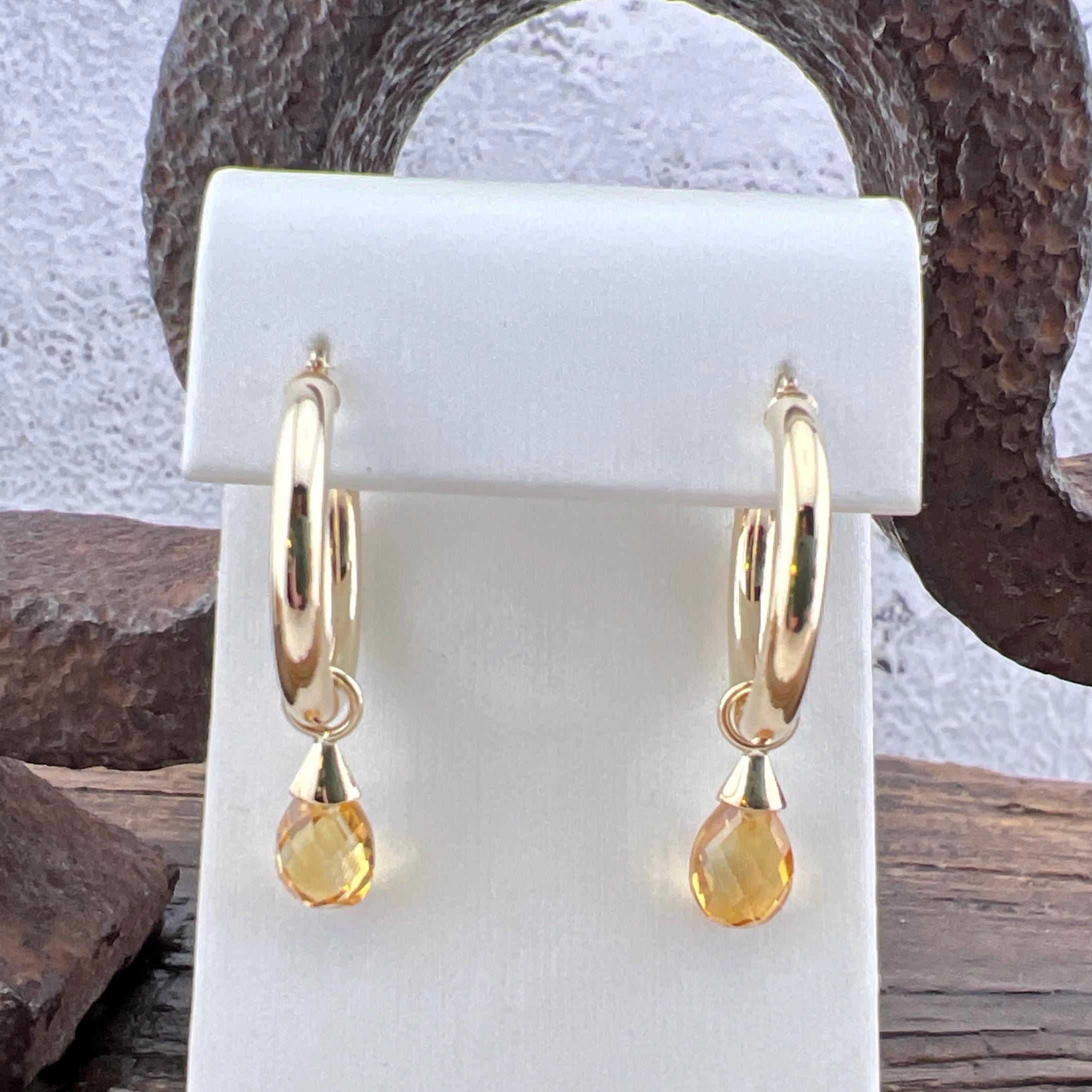 14k Citrine Dangle Hoop Yellow Gold Earrings - November Birthstone - Vintage Estate