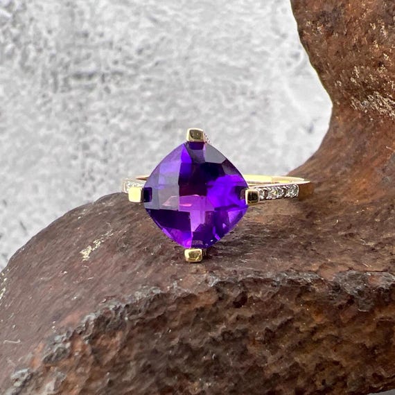 10k Checkerboard Cut Amethyst With Diamond Accents Yellow Gold
