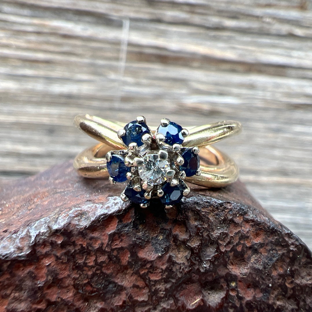 Vintage Estate 14k London Blue Topaz and Diamond Flower Gold Splint ...