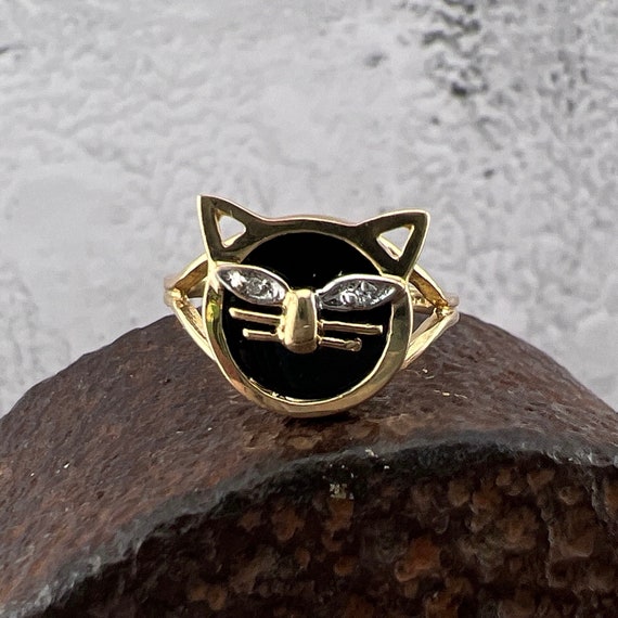 10K Kitty Cat Onyx With Diamond Eyes Yellow Gold Ring