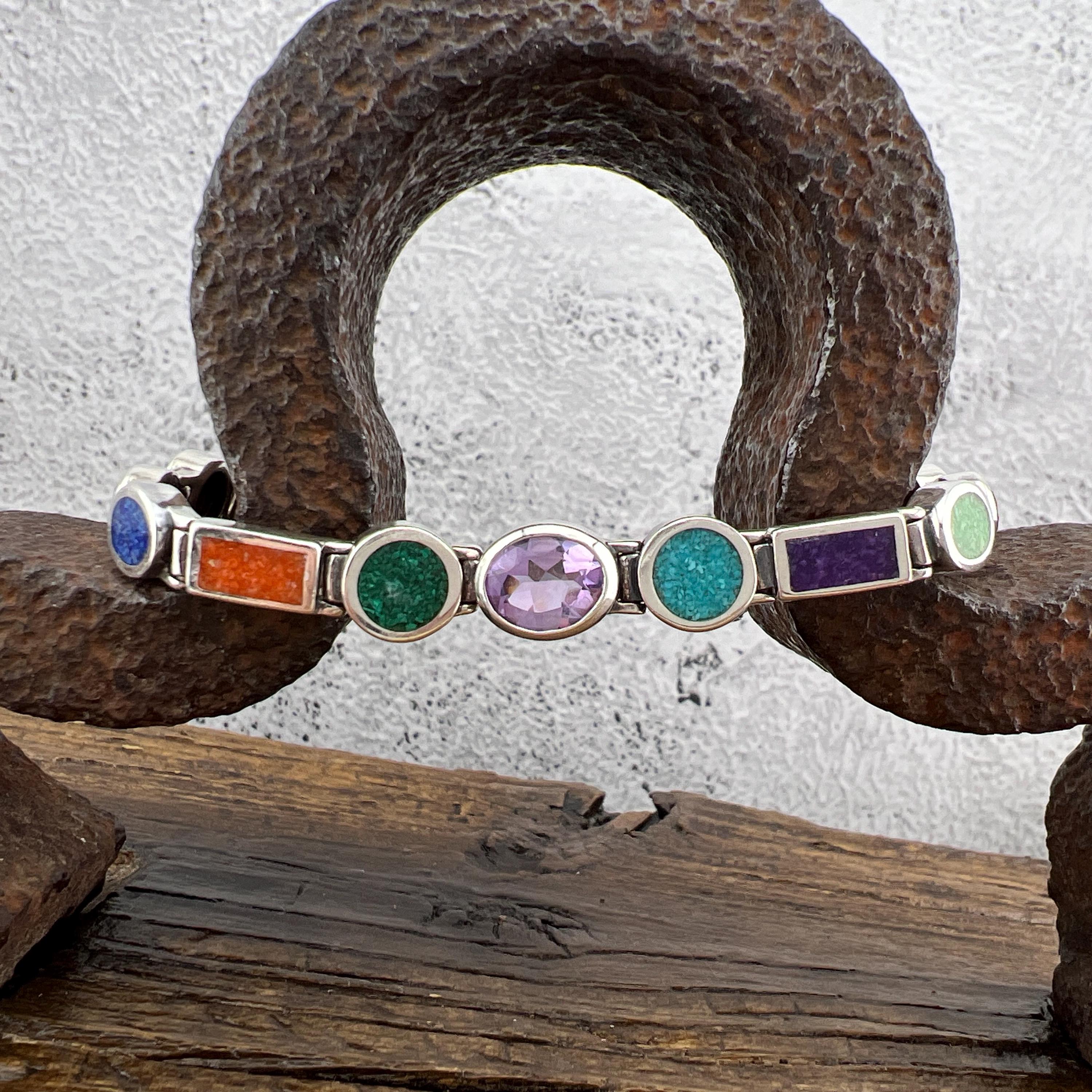 Multi - Gemstone 925 Sterling Silver Bracelet 7.25” Turquoise