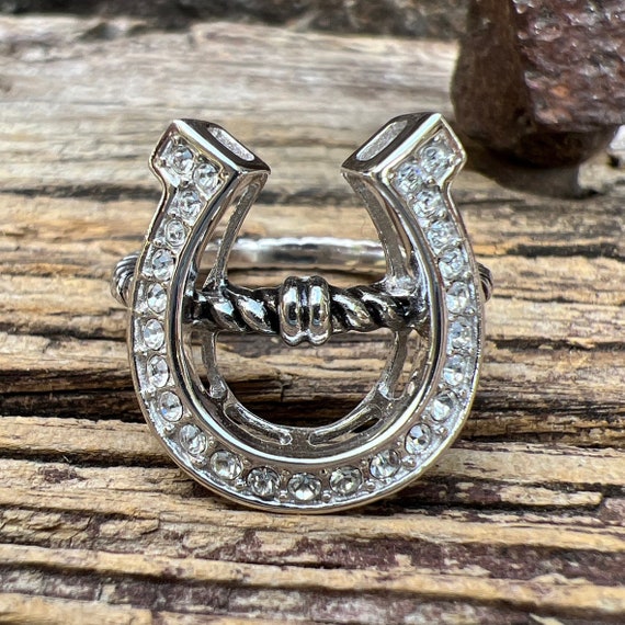 Vintage Estate Cubic Zirconia Horseshoe 925 Sterling Silver Ring 