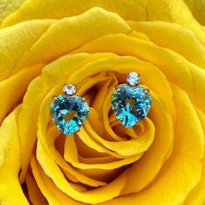 Blue Topaz & Cubic Zirconia Heart 10k Yellow Gold Stud Earrings