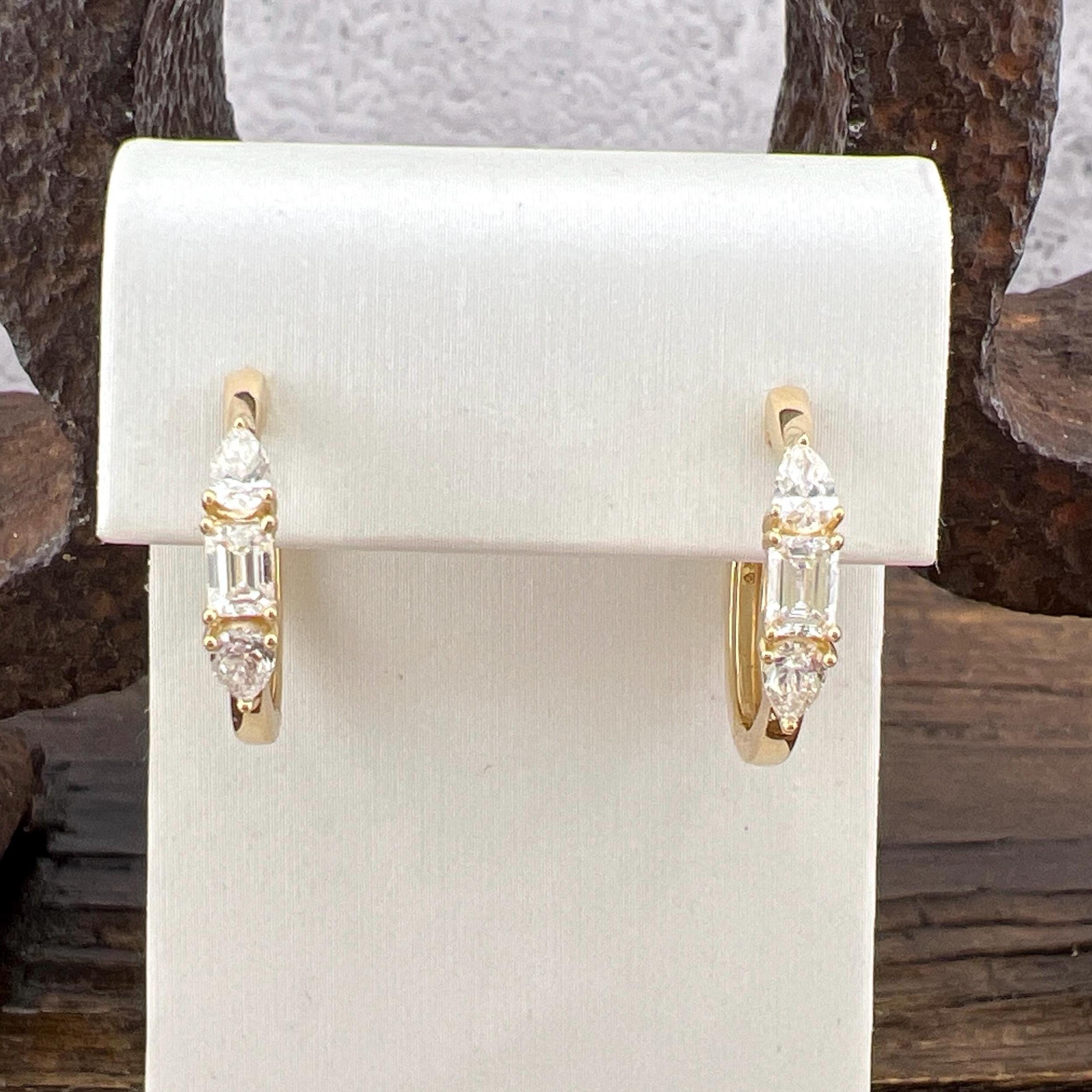 Diamond 14k Yellow Gold Hinged Hoop Earrings - 1 ctw - Emerald and Pear Shaped Lab Grown Diamonds