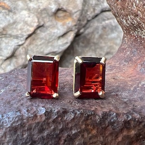 Vintage Emerald Cut Garnet Stud Earrings: 14k Yellow Gold, January Birthstone