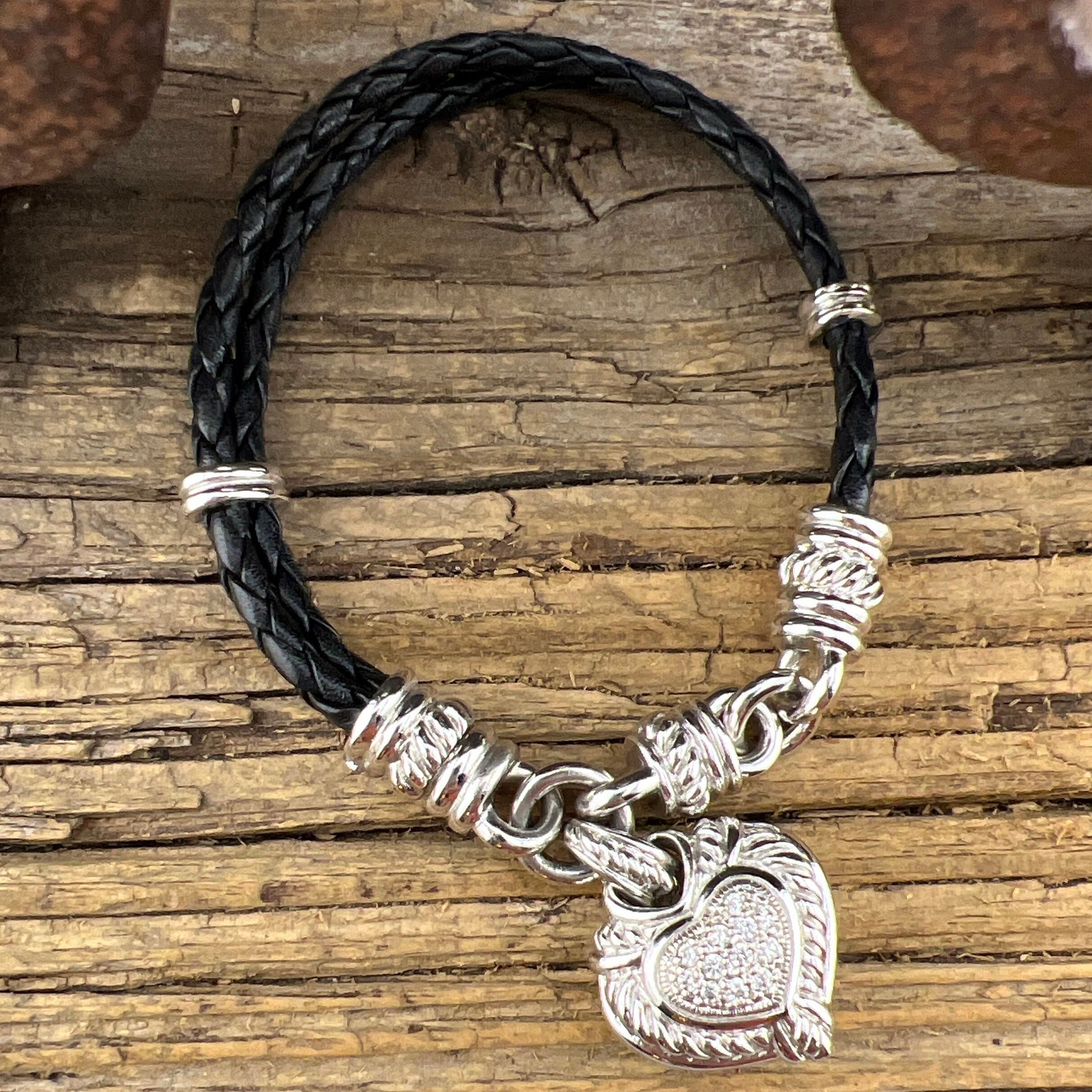 Vintage Judith Ripka Sterling Silver Heart Charm Leather Bracelet