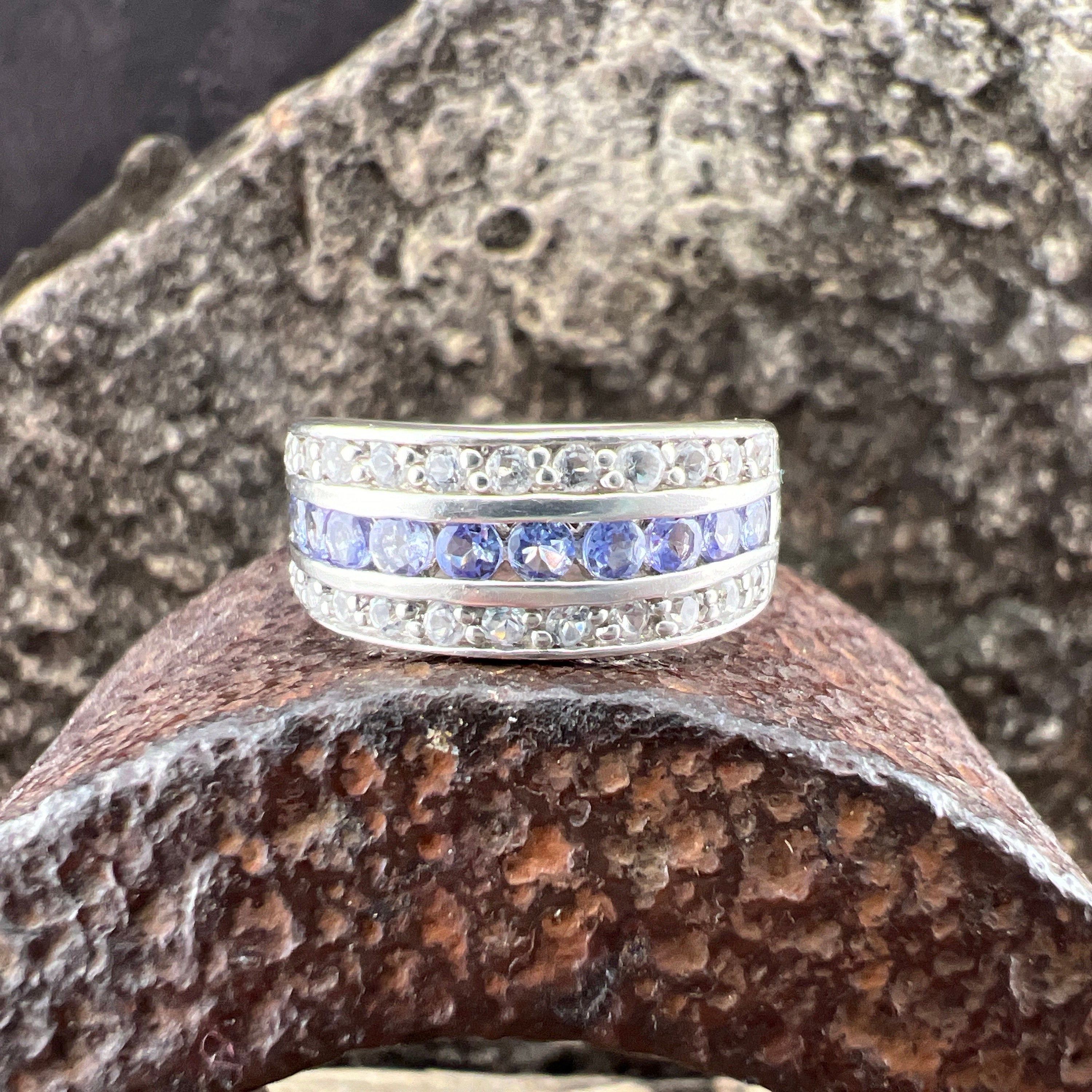 Bague Art Déco En Argent 925 Avec Topaze Blanche Et Iolite – Imposante Et Neuve