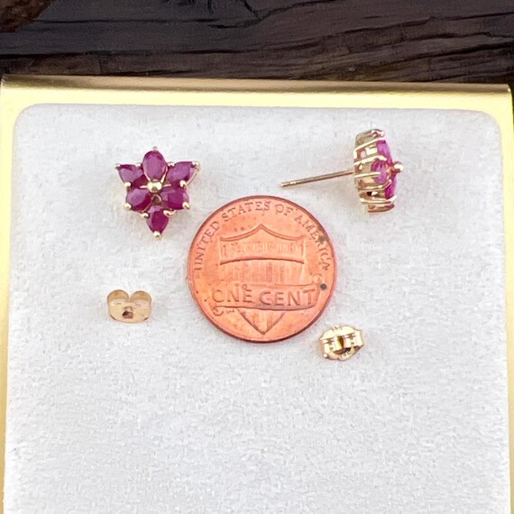 14k Genuine Ruby Cluster Yellow Gold Stud Earring… - image 6