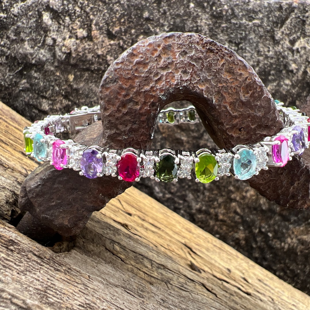 Vintage Sterling Silver Multi-gemstone Tennis Bracelet: Sapphire