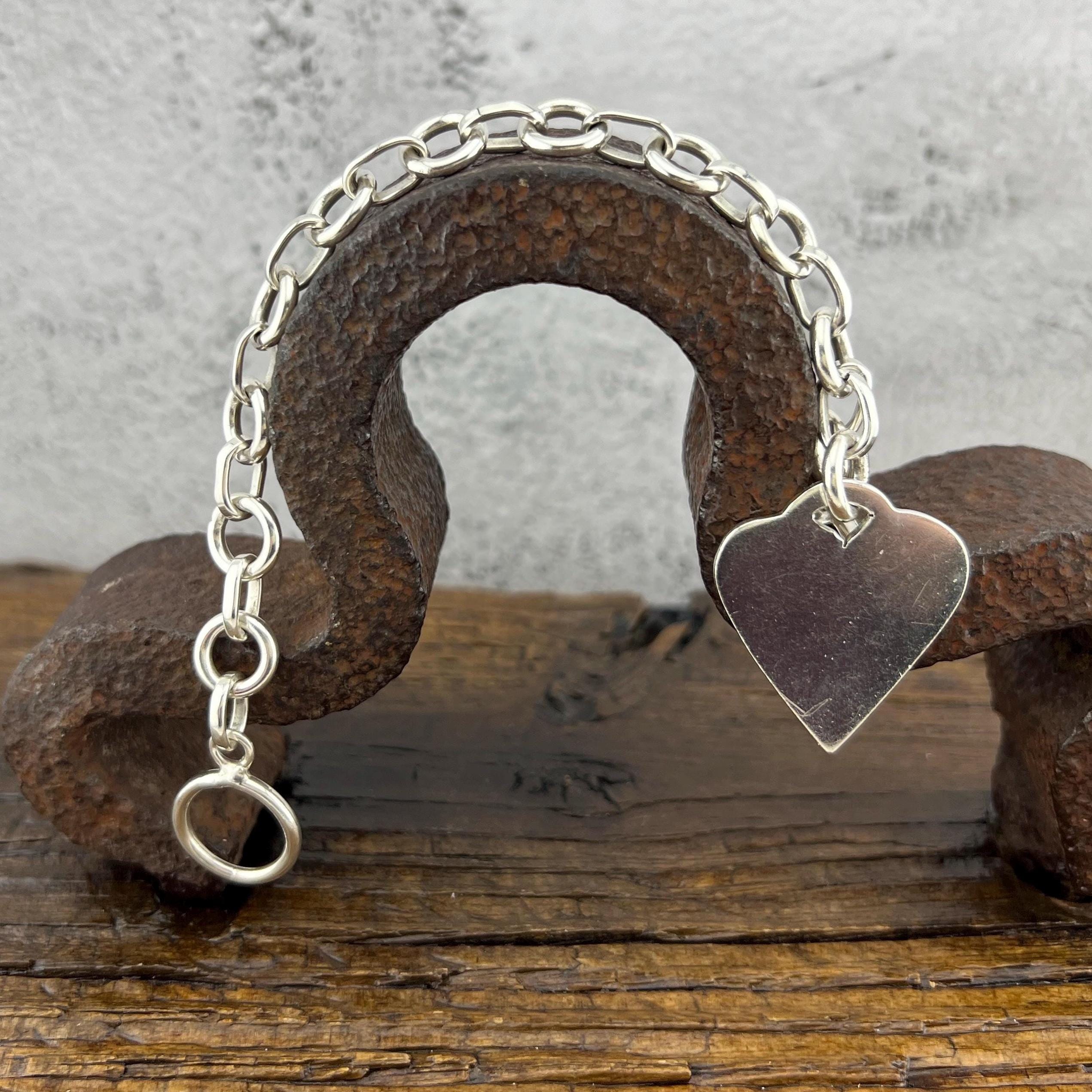 Vintage 90's Heavy 925 Sterling Silver Toggle Bracelet With Heart