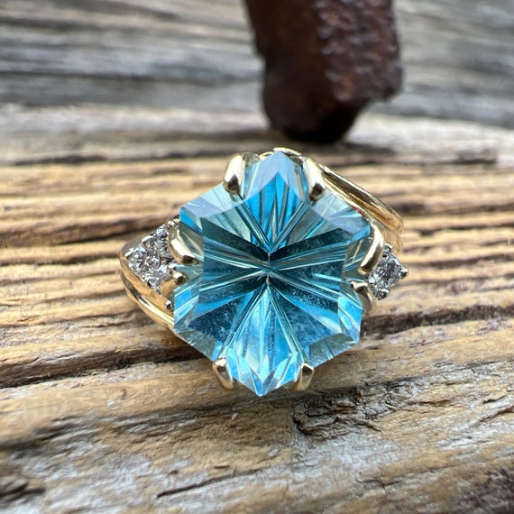 Vintage Estate 14K Blue Topaz and Diamonds Yellow… - image 1