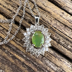Vintage Estate Green Opal with Double Halo of White Topaz Pendant 925 Sterling Silver Necklace 18”
