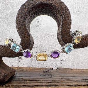 Multi Gemstone Tennis Bracelet in 925 Sterling Silver - Garnet, Citrine, Peridot, Amethyst, Blue Topaz, Estate 8 inches - 25ctw