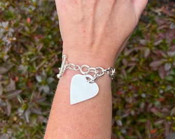 Vintage 90's Heavy 925 Sterling Silver Toggle Bracelet With Heart