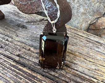 Massive Emerald Cut Smoky Quartz Pendant Sterling Silver 18” Necklace