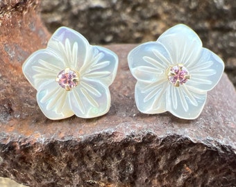 Vintage Estate Carved Mother of Pearl Plumeria Flower with Pink Ice Center 14k Gold Stud Earrings