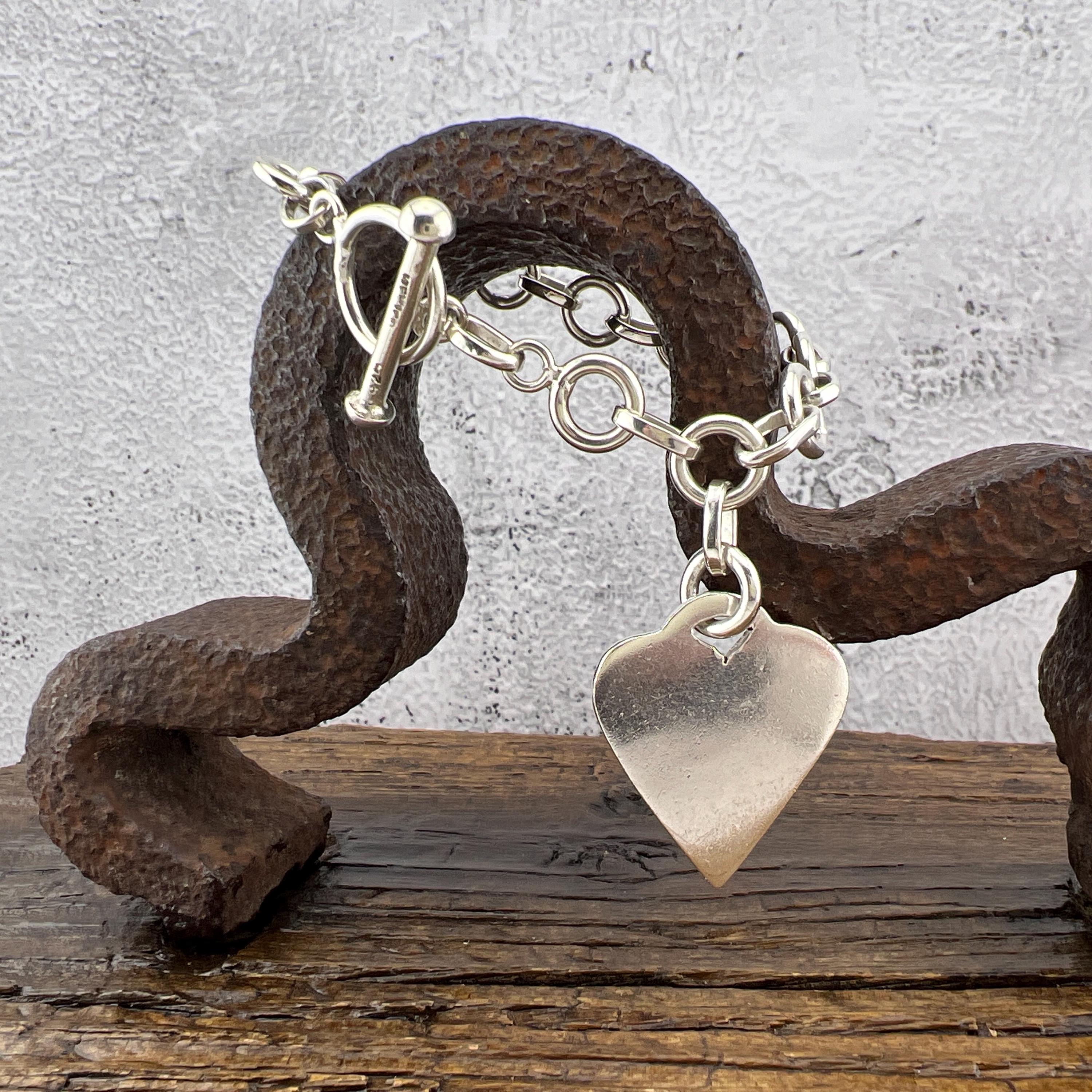 Vintage 90's Heavy 925 Sterling Silver Toggle Bracelet With Heart