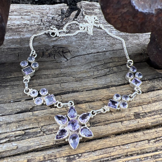 Vintage Estate Amethyst Flower 925 Sterling Silve… - image 1