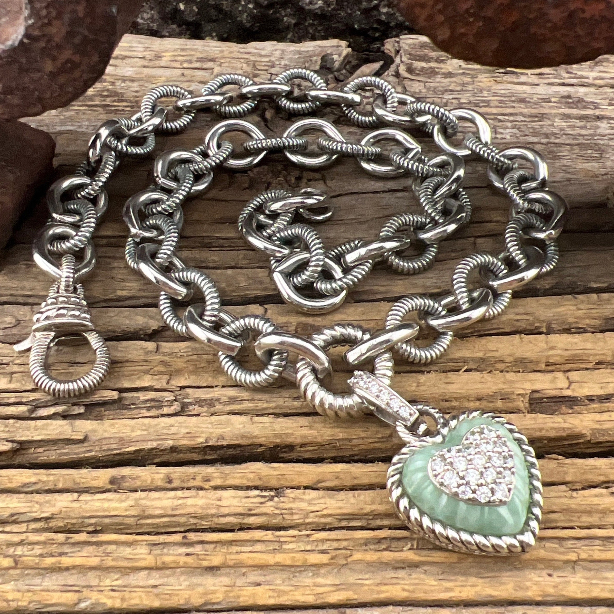 Vintage Estate Judith Ripka Jade Heart & Cubic Zirconia Oval