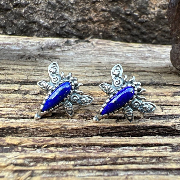 Estate Carolyn Pollack Lapis Lazuli Dragonfly 925 Sterling Silver Stud Earrings