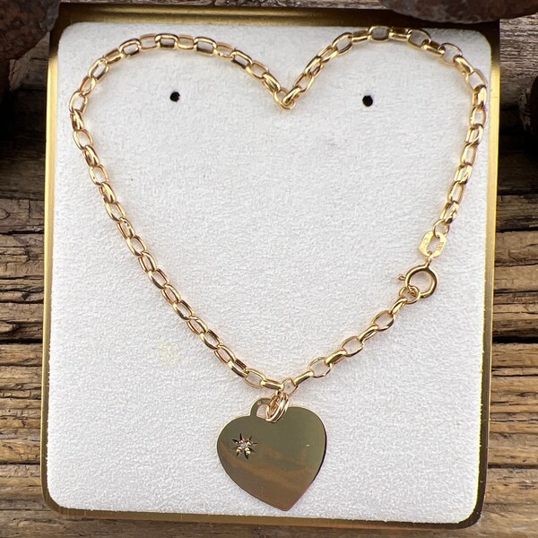 Vintage Estate 10k Gold Bracelet with 10K Heart Tag Charm with Diamond Accent