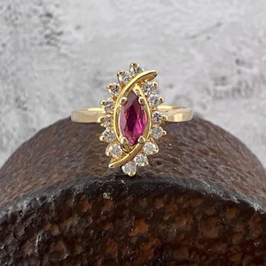 14k gult guld Marquise Rubin Diamant Halo Ring - US Storlek 6