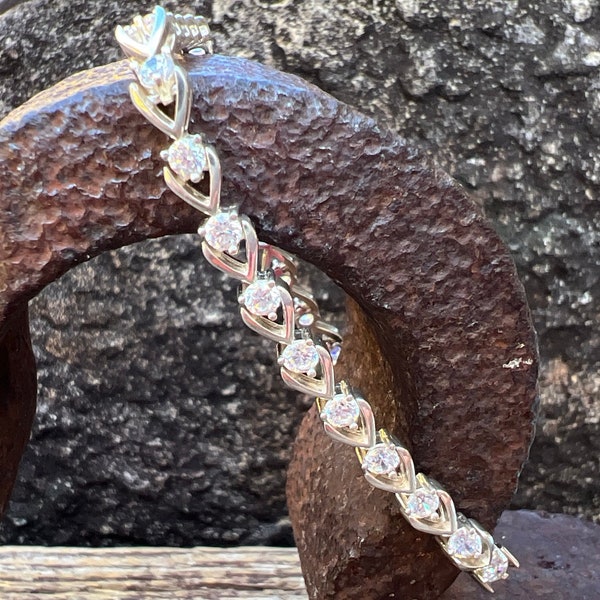 Vintage Estate Round Diamonique Cubic Zirconia 925 Sterling Silver Tennis Bracelet