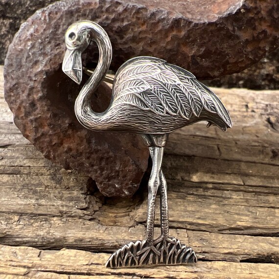 Vintage Estate Flamingo 925 Sterling Silver Brooch Pin
