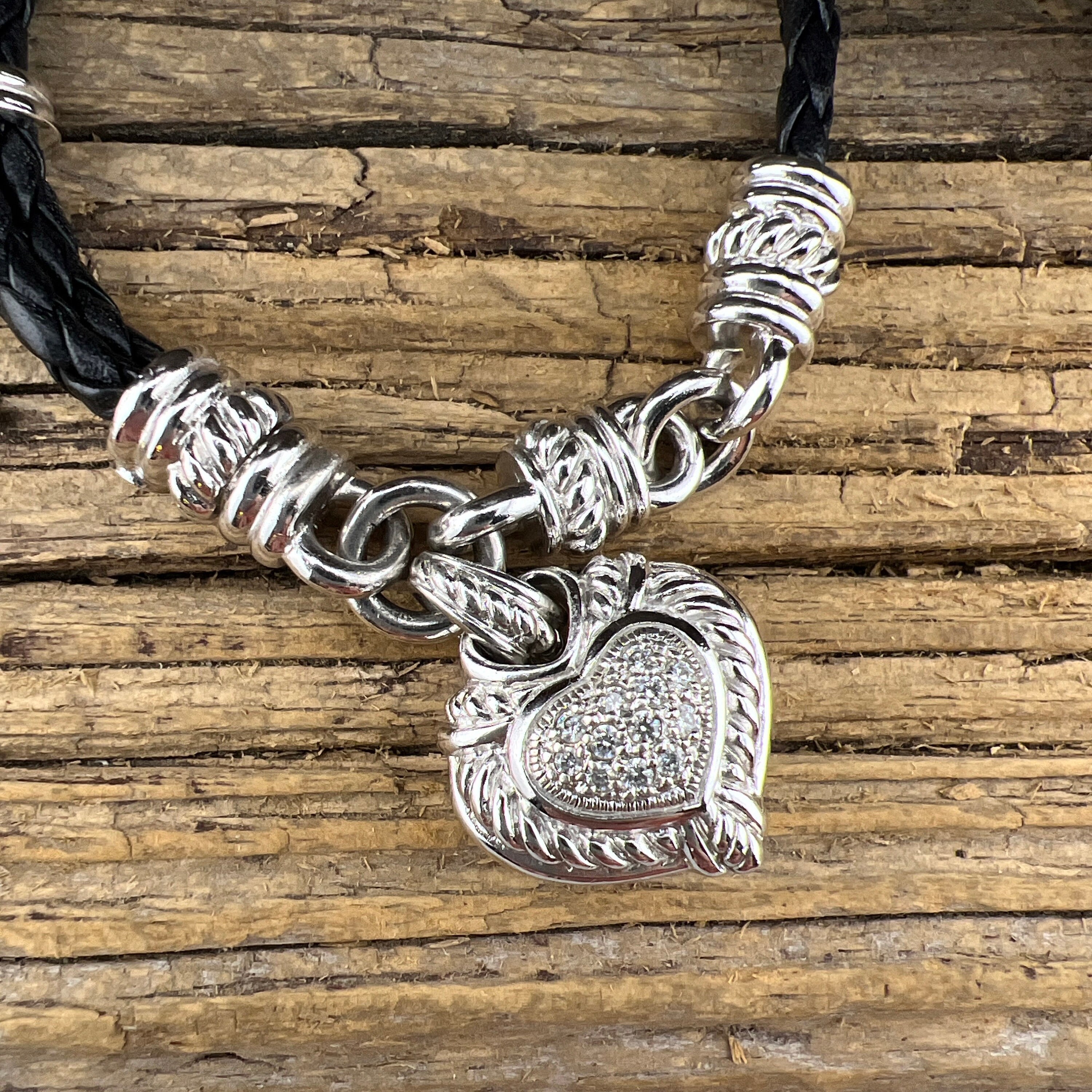Vintage Judith Ripka Sterling Silver Heart Charm Leather Bracelet