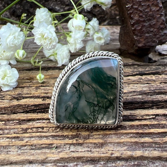 Vintage Estate Moss Agate 925 Sterling Silver Ring - image 1