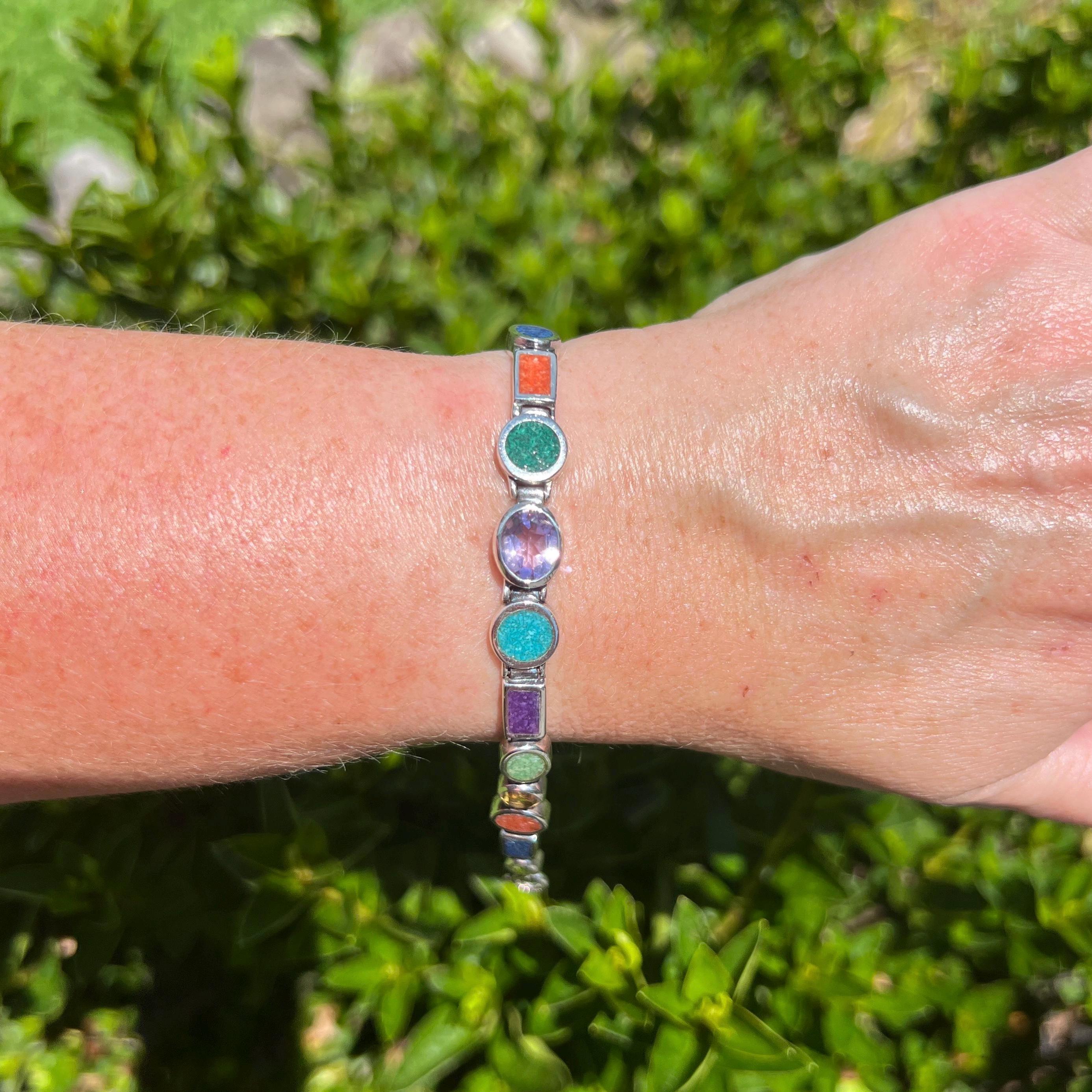マルチカラーストーンブレスレット　silver925 メキシコ製 Multi - Gemstone 925 Sterling Silver Bracelet 7.25” Turquoise
