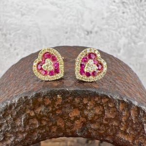14k Ruby and Diamond Heart Yellow Gold Stud Earrings