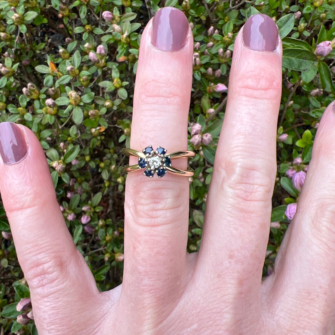 Vintage Estate 14k London Blue Topaz and Diamond Flower Gold Splint ...