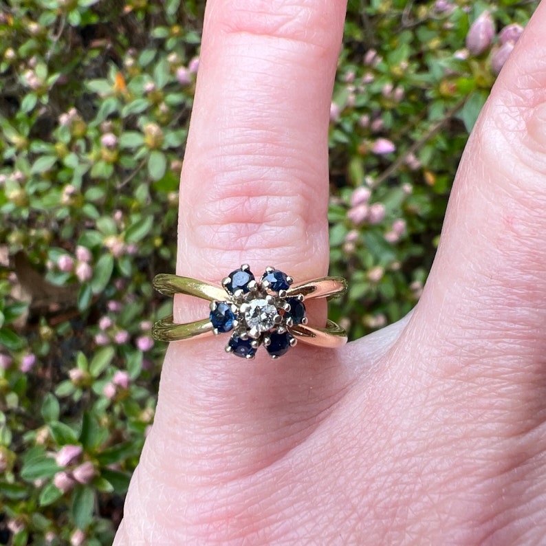 Vintage Estate 14k London Blue Topaz and Diamond Flower Gold Splint ...