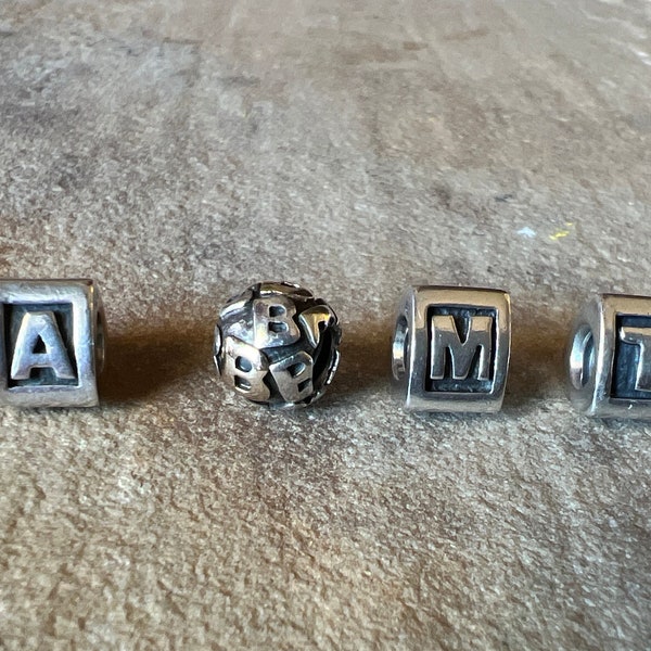 Vintage Estate Authentic Pandora Letter, Initial Charms A, B, M, T