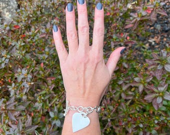 Vintage 90's Heavy 925 Sterling Silver Toggle Bracelet With Heart