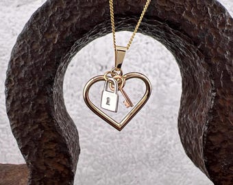 14k Tri Gold Heart Pendant Gold Necklace - 16 inches - Yellow Gold Heart, White Gold Lock, Rose Gold Key