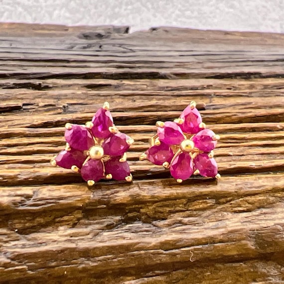 14k Genuine Ruby Cluster Yellow Gold Stud Earring… - image 2