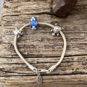 Vintage Estate Pandora Charm Frog, Turtle, Blue Flower 925 Sterling Silver Bracelet
