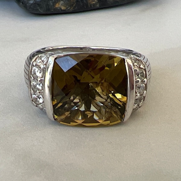 Vintage Estate Judith Ripka Citrine and Diamonique Cubic Zirconia 925 Sterling Silver Ring