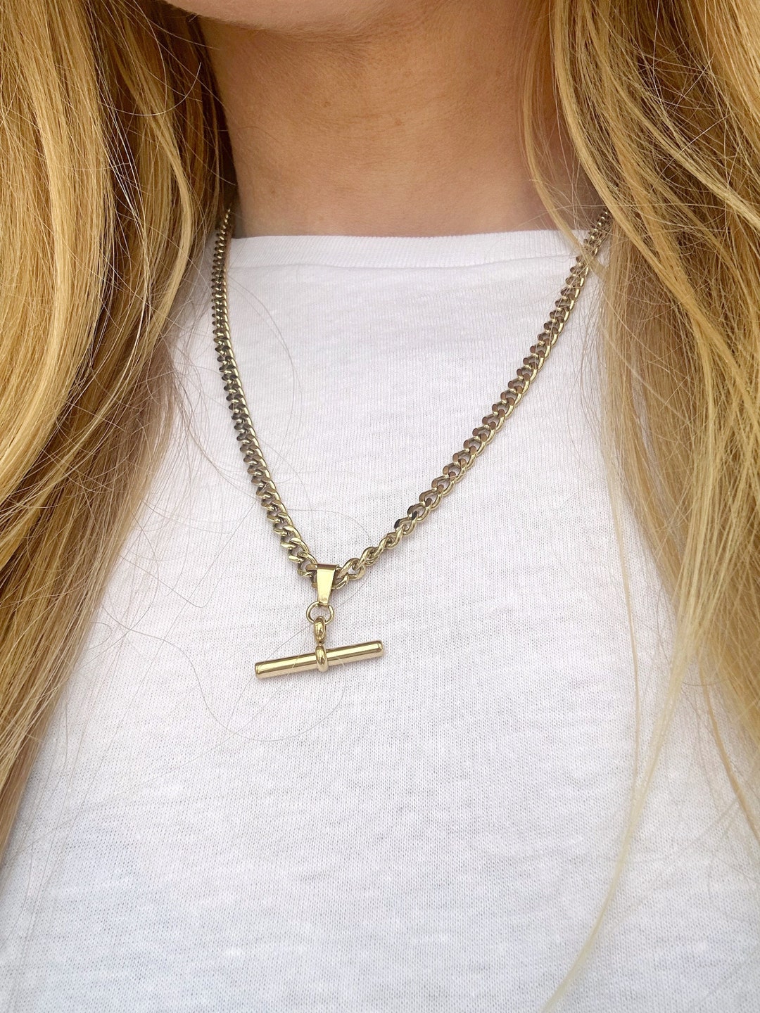 18K Tbar Gold Chain Necklace for Her Chunky Stainless Steel Layering