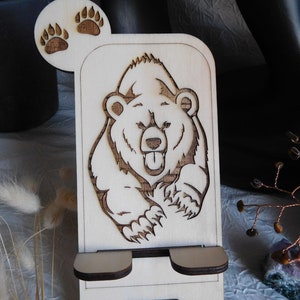 Soporte para teléfono personalizado, soporte para teléfono de oso de madera, soporte para teléfono inteligente, regalo de madera, accesorio portátil, soporte portátil