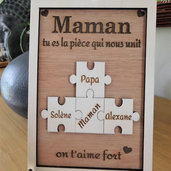 Cadre bois personnalisé gravure laser , puzzle , cadeau Maman , famille , cadre arbre de vie