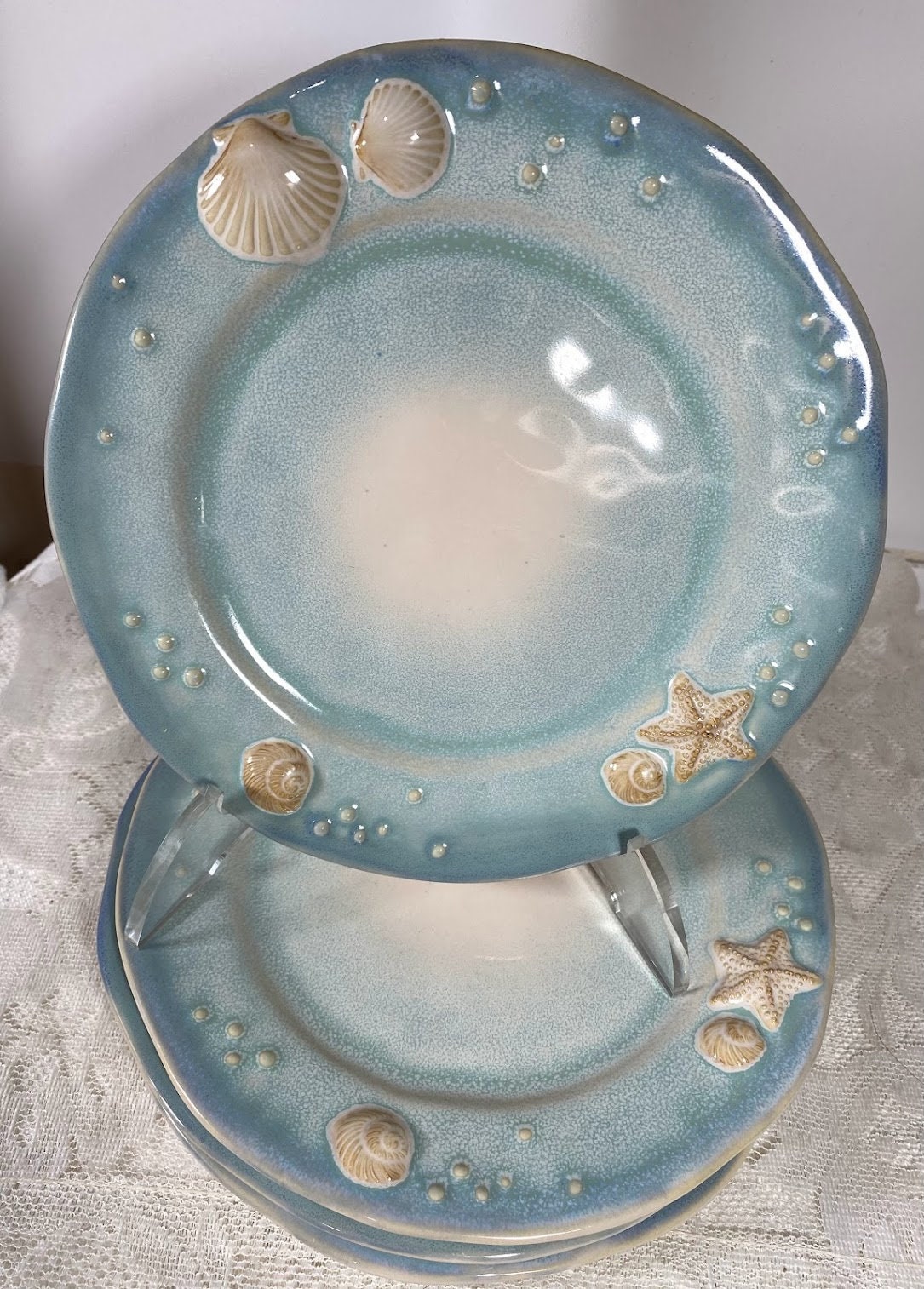 SONOMA Life + Style Seaside Salad Plate - Set of 4, Aqua Rim, White Center, Embossed Shells, Reactive Glaze